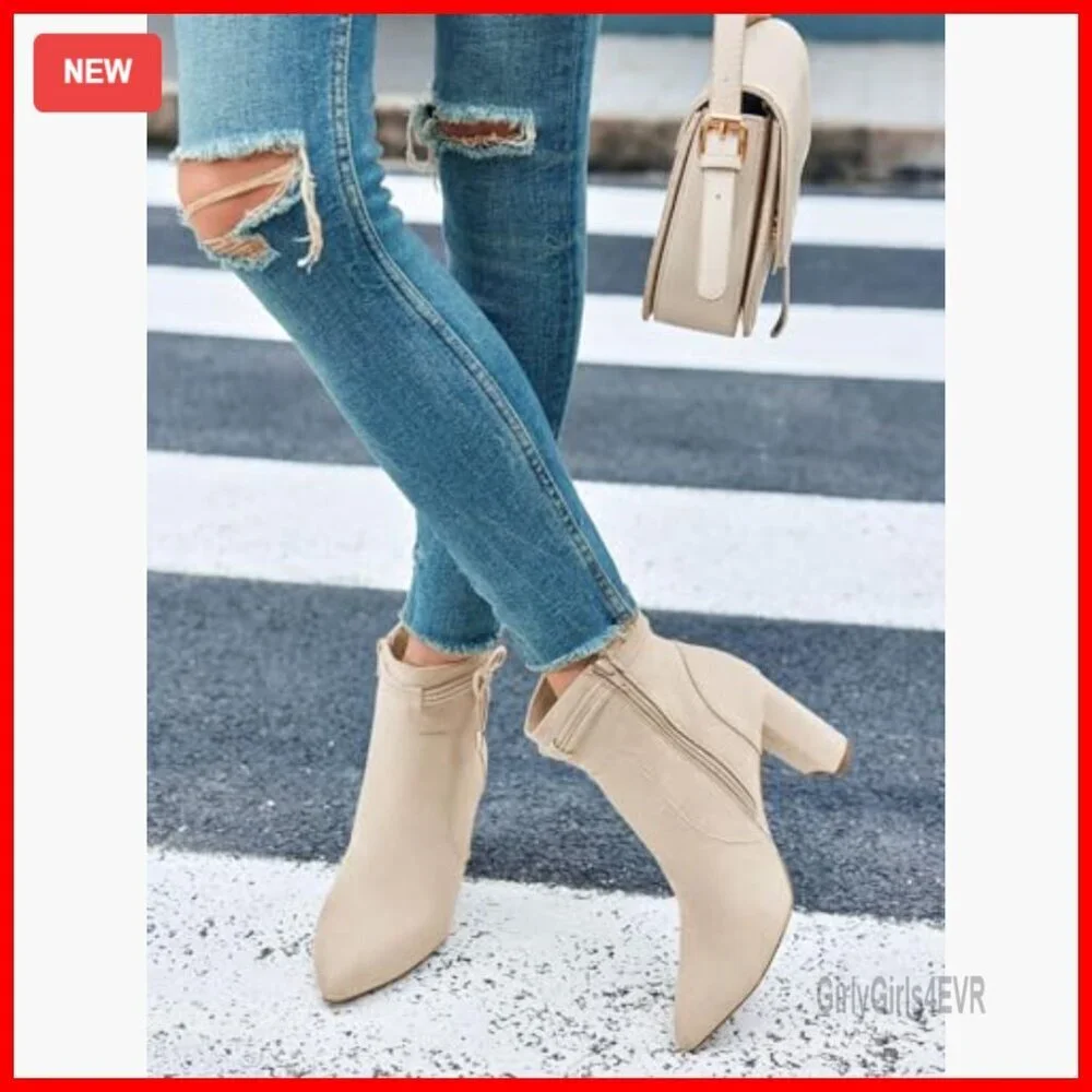 Pointed Toe Ankle Boots with Chunky Block Heel and Side Zipper
